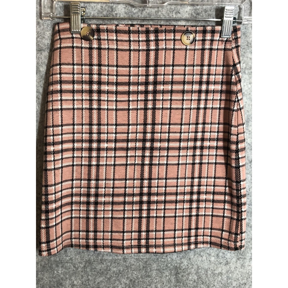 Hollister Skirt Juniors XS Pink Plaid Knit Mini Stretch Pull On Buttons Casual